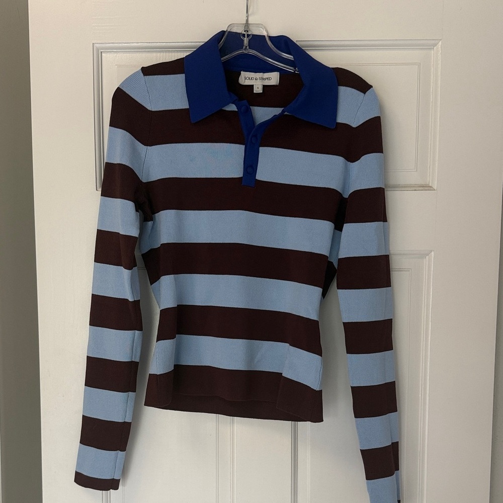 SOLID & STRIPED Blue and Brown Striped Polo Sweater